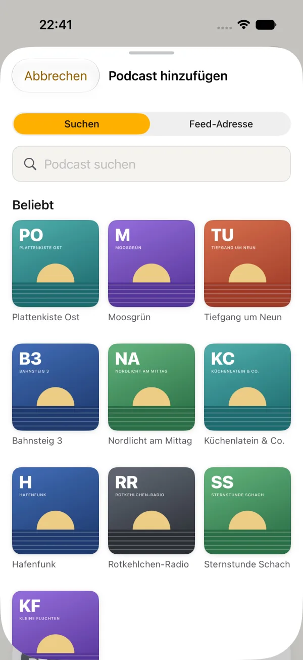 Podcast hinzufügen: Suchfeld und Raster beliebter Podcasts