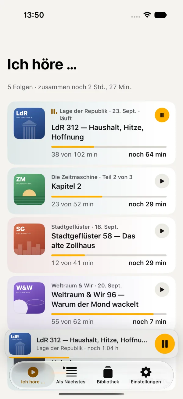 Liste „Ich höre …“ mit angefangenen Folgen und Restzeiten