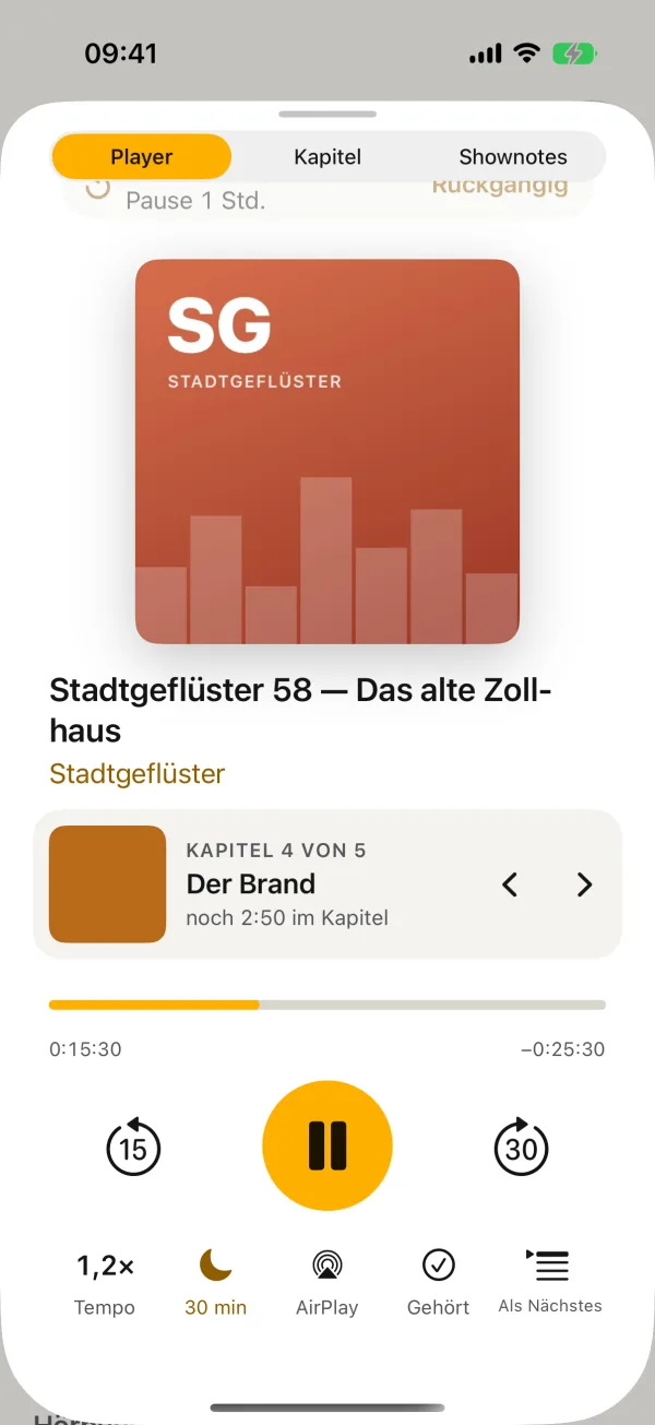 Tarilo-Vollplayer mit Cover, Kapitelkarte, Zeitleiste und großem Pause-Knopf